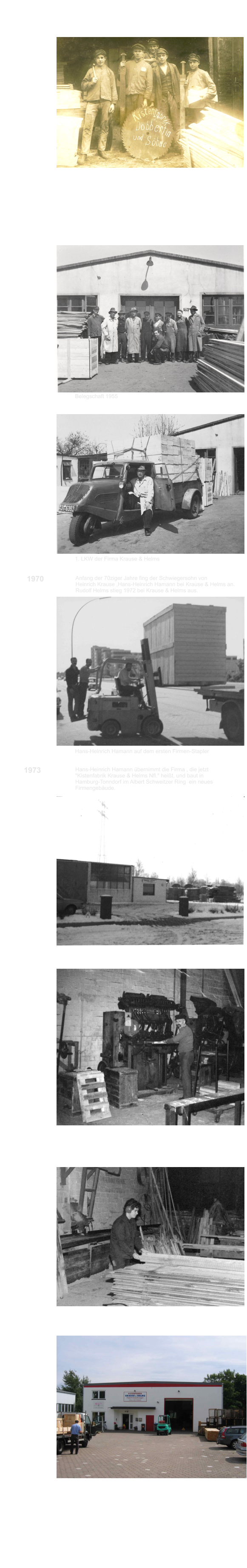 Historie Der junge Heinrich Krause (2. von Links) fing in der  Sgerei Dobbertin + Shne an, die auch Kisten baute. Dobbertin + Shne brannte auf der Peute ab, wurde in Moorrfleet in der Liebigstrasse wieder aufgebaut. Firma Dobbertin + Shne geht Konkurs. Heinrich Krause und Rudolf Helms beschlossen darauf hin eine Firma zu grnden und so wurde 1955  die Kistenfabrik Krause & Helms oHG mit Sitz in der  Barsbtteler Strasse in Hamburg-Jenfeld geboren . um 1930 1955 1954 Firmengrndung Belegschaft 1955 1. LKW der Firma Krause & Helms Anfang der 70ziger Jahre fing der Schwiegersohn von Heinrich Krause ,Hans-Heinrich Hamann bei Krause & Helms an. Rudolf Helms stieg 1972 bei Krause & Helms aus. 1970 Hans-Heinrich Hamann auf dem ersten Firmen-Stapler 1973 Hans-Heinrich Hamann bernimmt die Firma , die jetzt "Kistenfabrik Krause & Helms Nfl." heit, und baut in  Hamburg-Tonndorf im Albert Schweitzer Ring  ein neues  Firmengebude. Firmengebude Albert Schweitzer Ring 24 in Hamburg -Tonndorf Hans-Heinrich Hamann an einer Bohm und Kruse Nagelmaschine 1985 Der Sohn von Hans-Heinrich Hamann, Niels Hamann fngt bei  Krause & Helms an. Niels Hamann beim Holzzuschnitt 1993 Krause & Helms zieht nach Wentorf bei Hamburg um. Firmengebude in Wentorf Sdring 52 1996 Niels Hamann bernimmt die Firma 2005 50 Jahre Kistenfabrik Krause & Helms *** nach oben